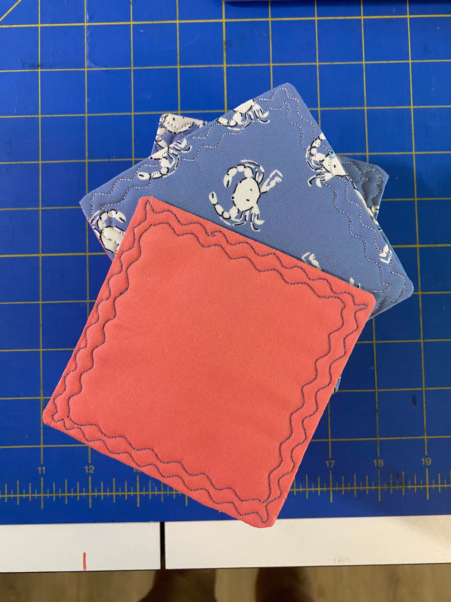 Cerulean Blue Reversible Quilted Crab Coasters - Set of Two (2)