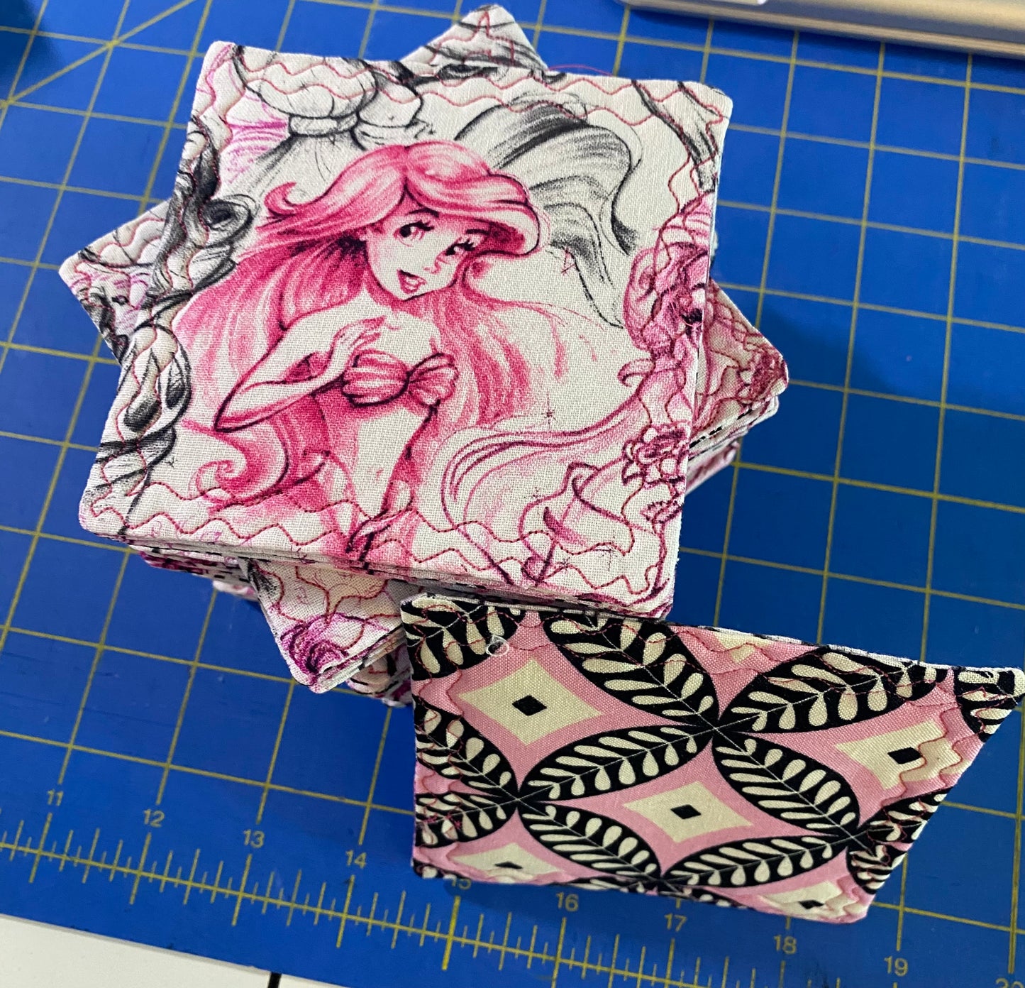 Sketchy Little Mermaid Reversible Quilted Coaster - Set of Four