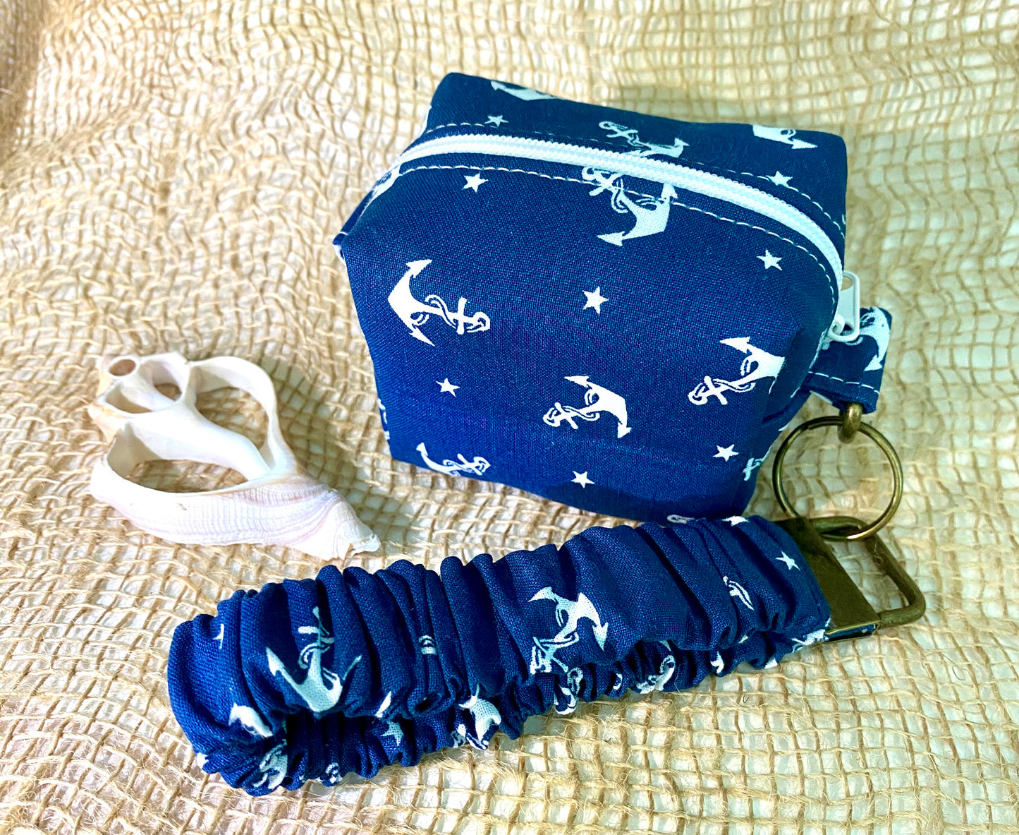 Mini Island Life Zipped Keychain Pouch-White Anchors